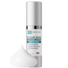 Clear skin moisturizer bottle with label on a white background and a white cream dollop in front
