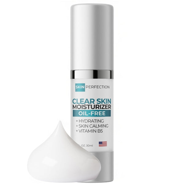 Clear skin moisturizer bottle with label on a white background and a white cream dollop in front
