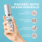 Hand holding a skincare product with text about ocean minerals and product benefits on a blue background
