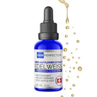 Blue bottle of Skin Perfection Edelweiss extract with dropper on a white background