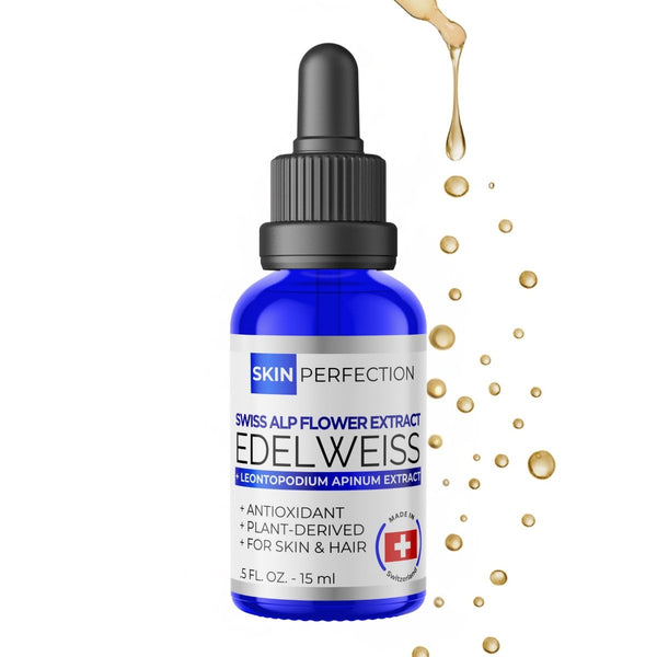 Blue bottle of Skin Perfection Edelweiss extract with dropper on a white background