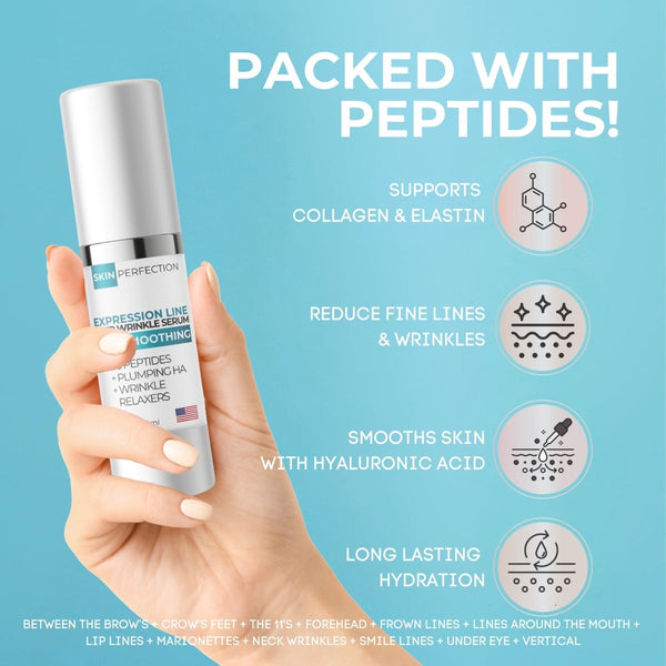 Hand holding a skincare serum with text about peptide benefits on a blue background