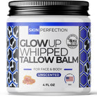 Glow Up Whipped Grass-Fed Tallow Balm open jar showing whipped texture unscented paraben-free made in USA