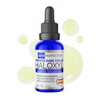 Bottle of Haloxyl serum with dropper on a white background with pale green droplets