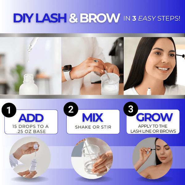 Step-by-step guide for DIY lash and brow product with images of a woman applying the product.