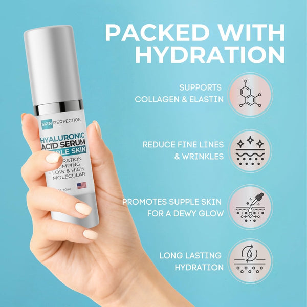 Hand holding a skincare serum bottle with text about hydration and skin benefits on a blue background