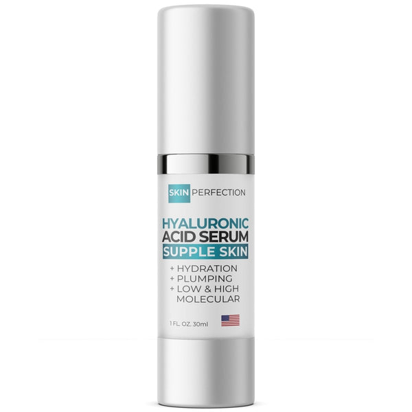 Hyaluronic NASHA Plump Serum bottle labeled Hyaluronic Acid and Argireline peptide clear gel texture
