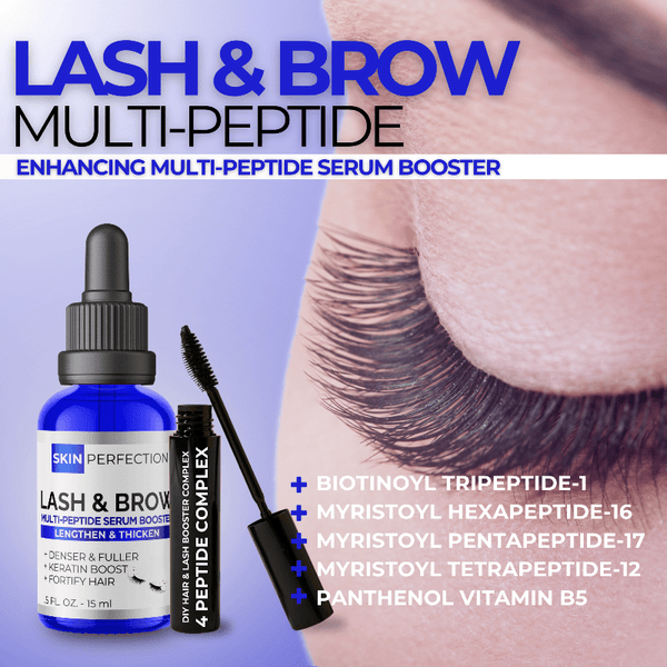 Lash and brow multi-peptide serum booster with product and close-up of brows on a blue background