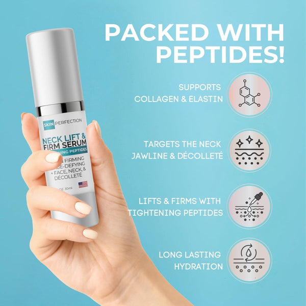 Hand holding a skincare serum bottle with product features on a blue background