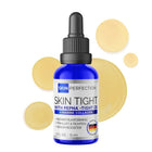 Bottle of Skin Perfection Skin Tight serum with dropper on a white background with caramel yellow droplets