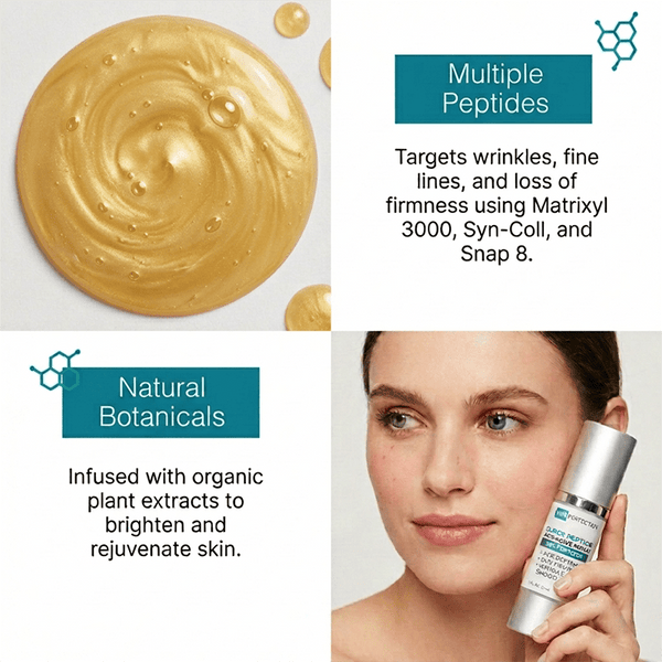 super peptide serum with 99% peptides targets wrinkles, fine lines, and loss of firmness with ingredients that are infused from organic plant extracts to brighten and rejuvenate skin