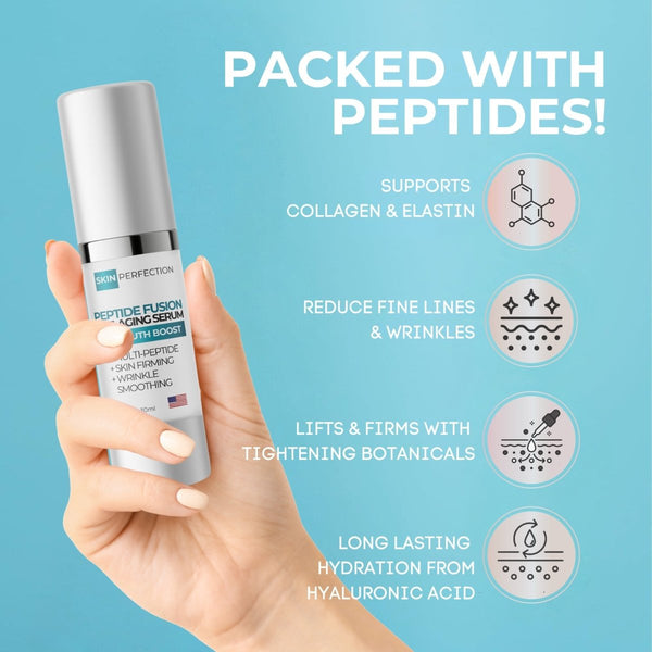 Hand holding a skincare serum with text about peptide benefits on a blue background