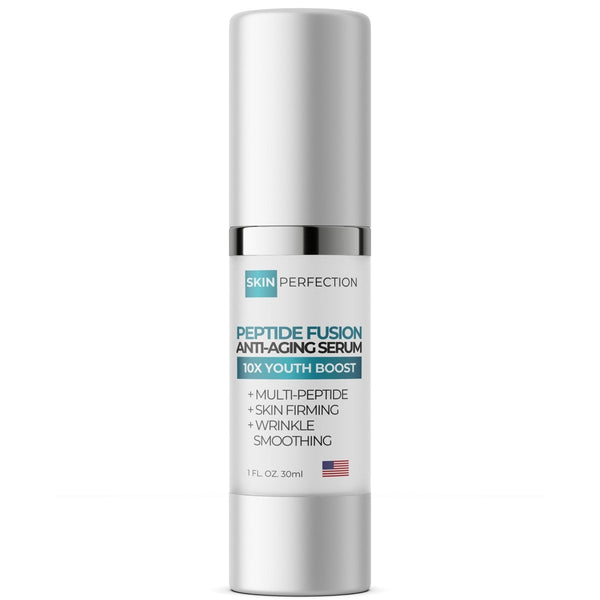 Peptide Fusion Anti-Aging Serum pump bottle light gel labeled over 55% peptides hyaluronic acid paraben-free made in USA