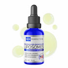 Bottle of Skin Perfection liposomes with dropper on a white background with pale green or pale yellow droplets