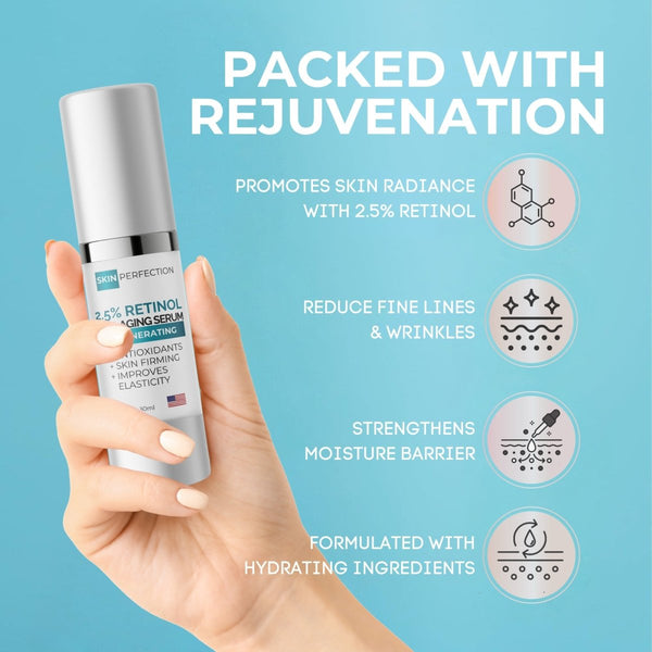 Hand holding a Skin Perfection retinol anti-aging serum with age-defying benefits