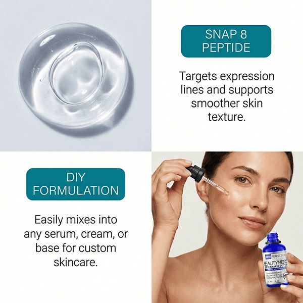 snap-8 targets expression lines and supports smoother skin texture while also easily mixing into any serum, cream, or base for custom skincare
