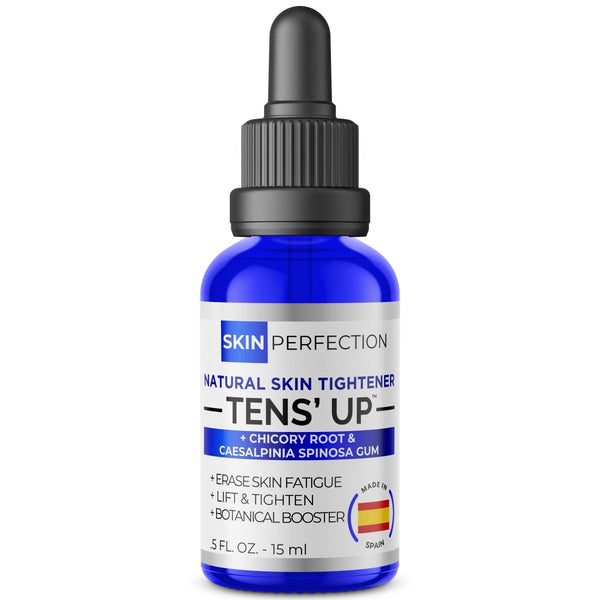 Ten's Up 0.5 oz blue glass dropper bottle Serum Booster labeled skin-tight with chicory root and Caesalpinia Spinosa gum
